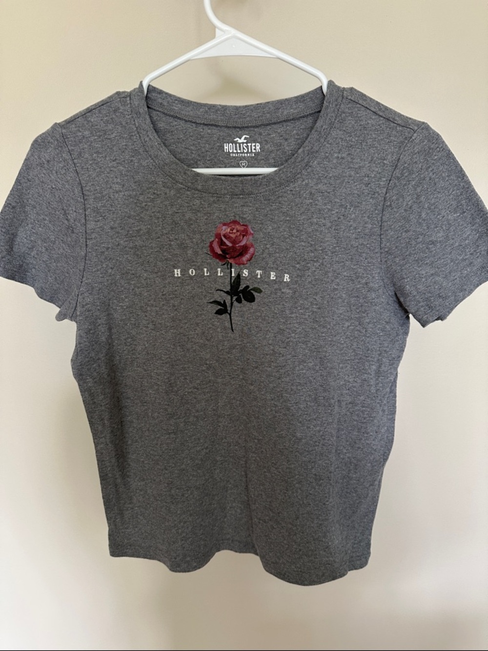 Hollister Gray Short-Sleeve Tee with Red Rose Graphic
